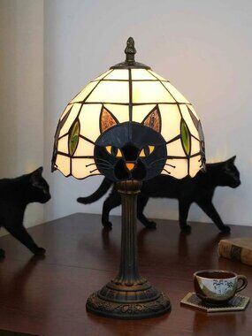 Tiffany Black Cat Hand Crafted Stained Glass Bedside Lamp
